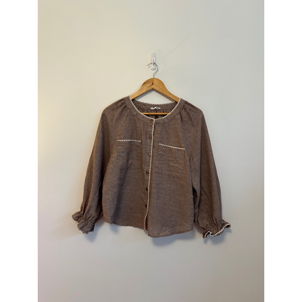 Day + Moon Brown and White Pinstripe Cotton Linen Ruffle Cuff Blouse | Medium